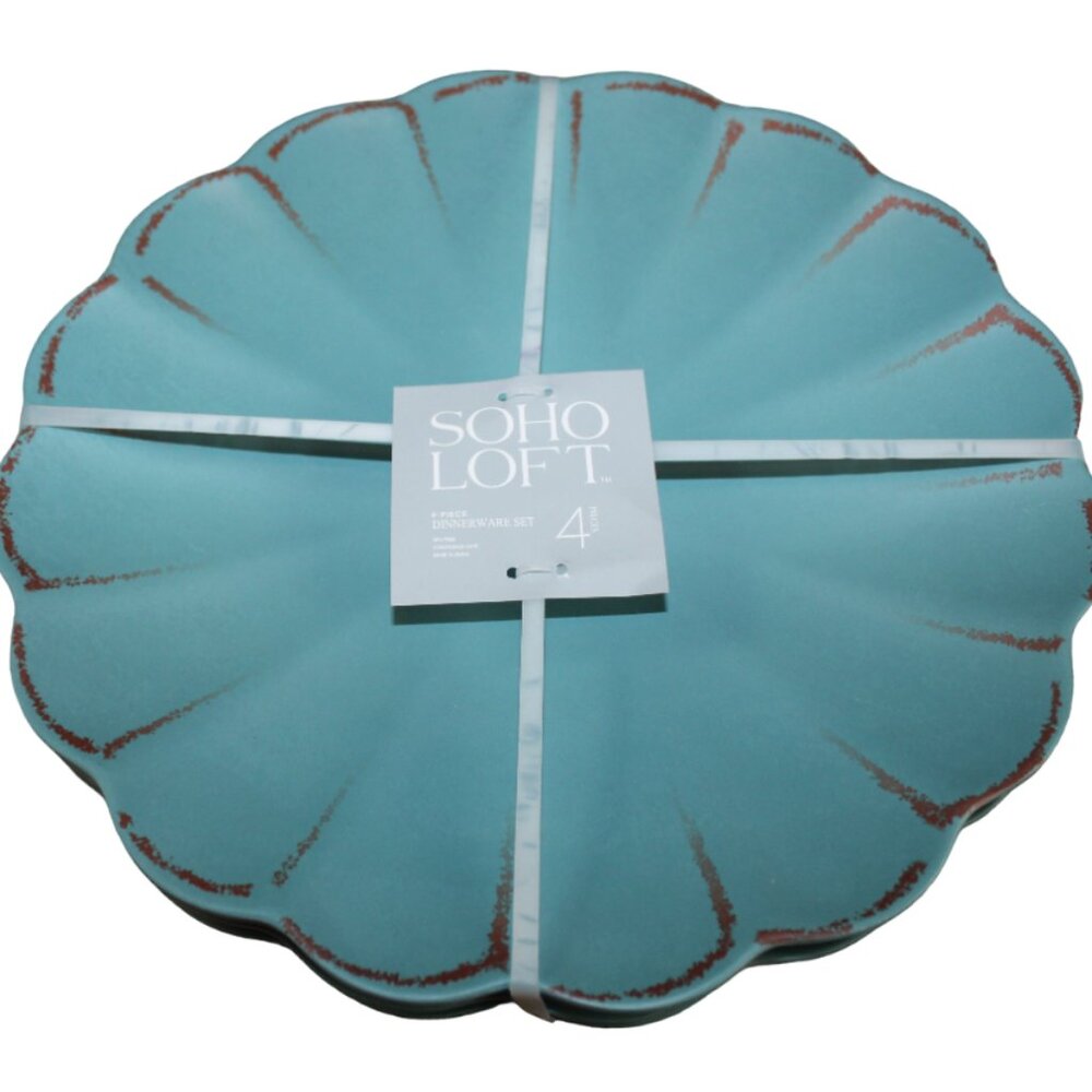 Soho Loft Plates Rustic Scalloped Set of 4 Melamine 11" Dinner Teal Brown NWT